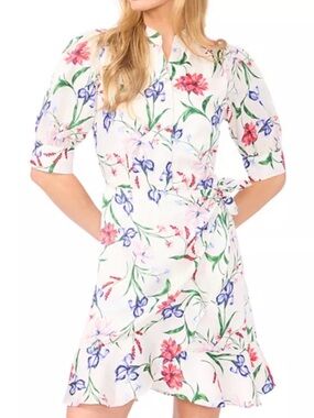 CeCe White Floral Wrap Mini Dress with Pink & Blue Blooms
